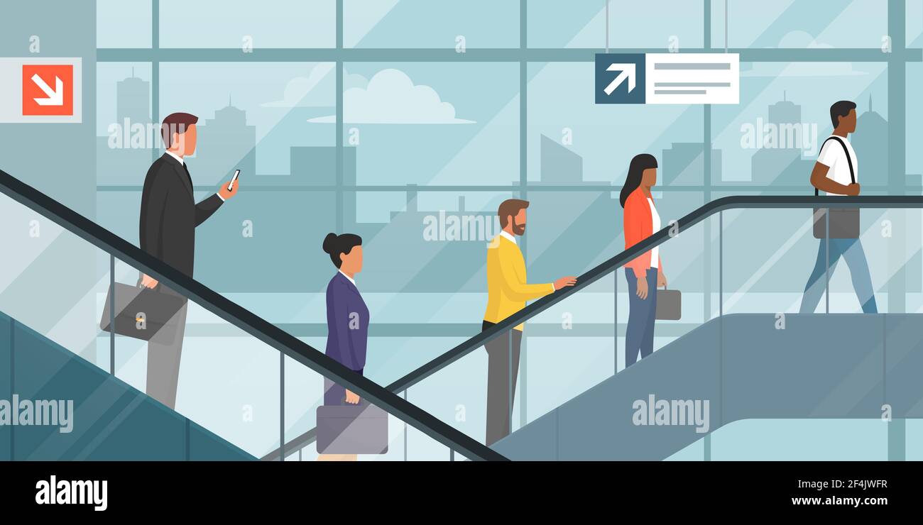 Persone sulla scala mobile in un edificio aziendale e in una città skyline sullo sfondo Illustrazione Vettoriale
