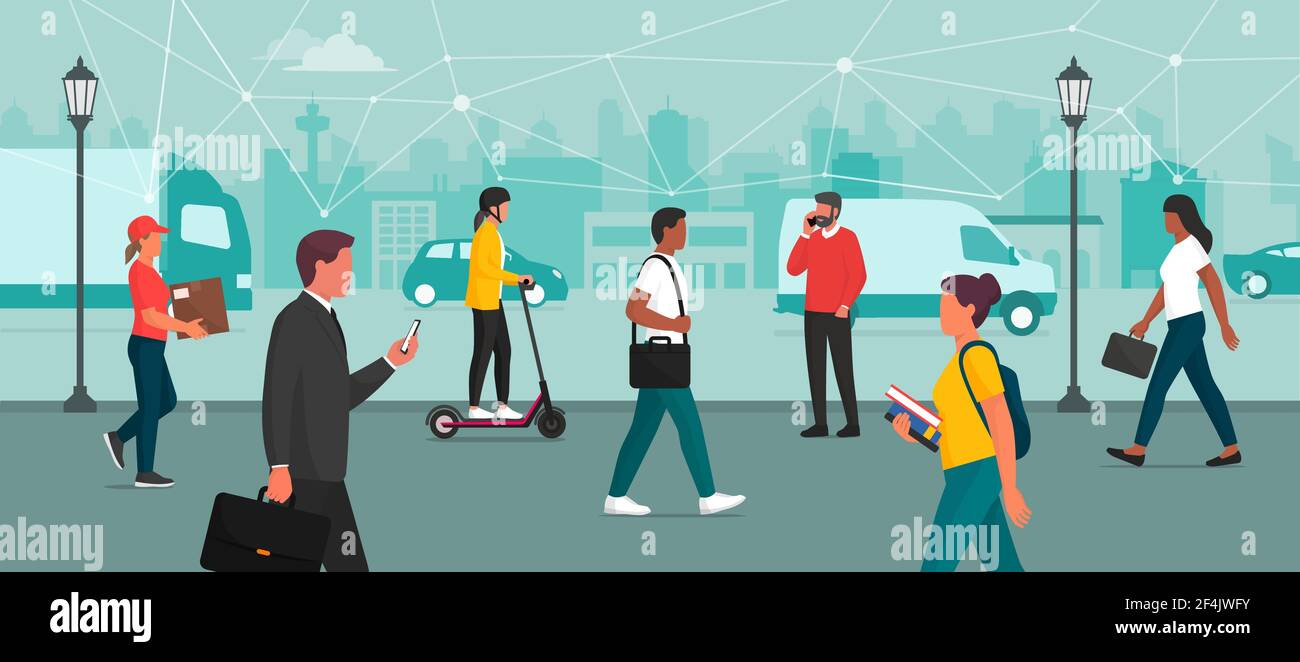 Persone e dispositivi connessi nella città intelligente, tecnologia di innovazione e concetto di comunicazione Illustrazione Vettoriale