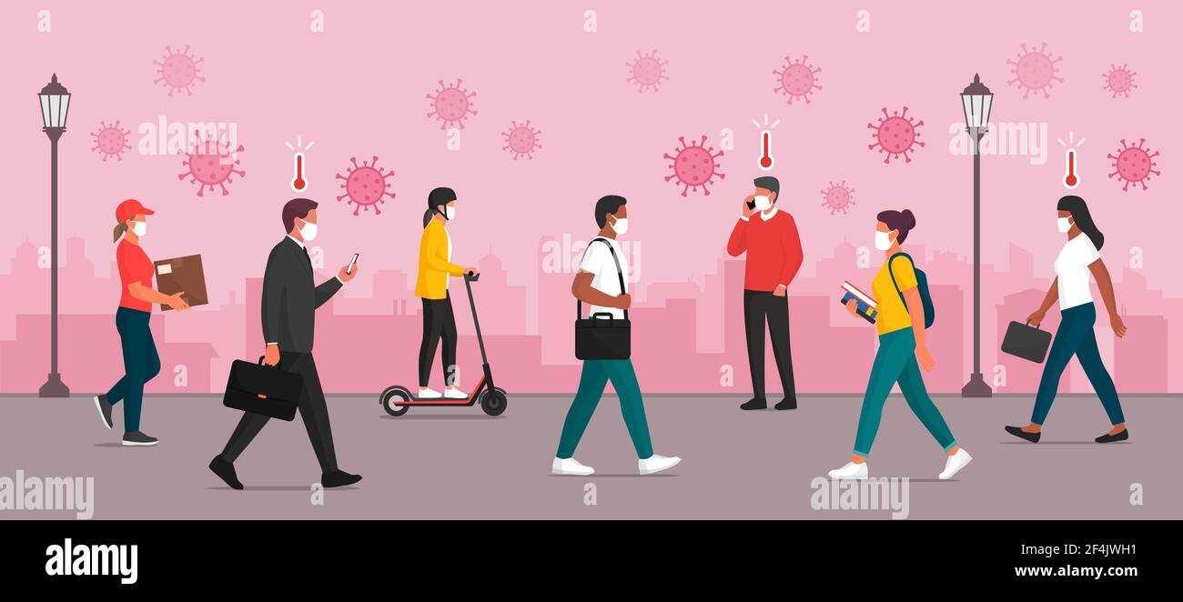 Persone che indossano maschere facciali e camminano nella strada della città, alcuni di loro sono infettati con coronavirus-covid-19 Illustrazione Vettoriale