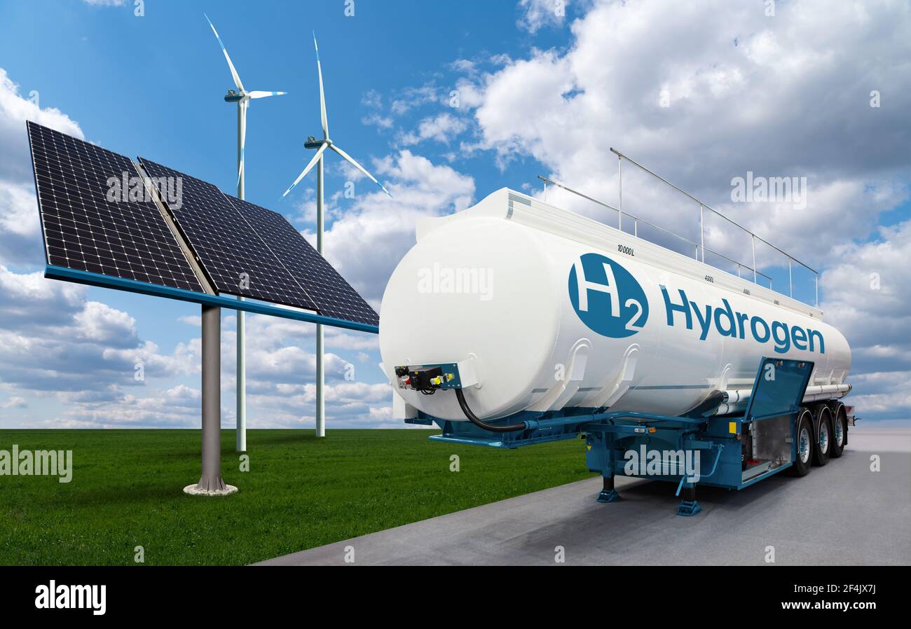 Carro armato con idrogeno sullo sfondo di turbine eoliche e pannelli solari. Ottenere idrogeno verde da fonti energetiche rinnovabili Foto Stock