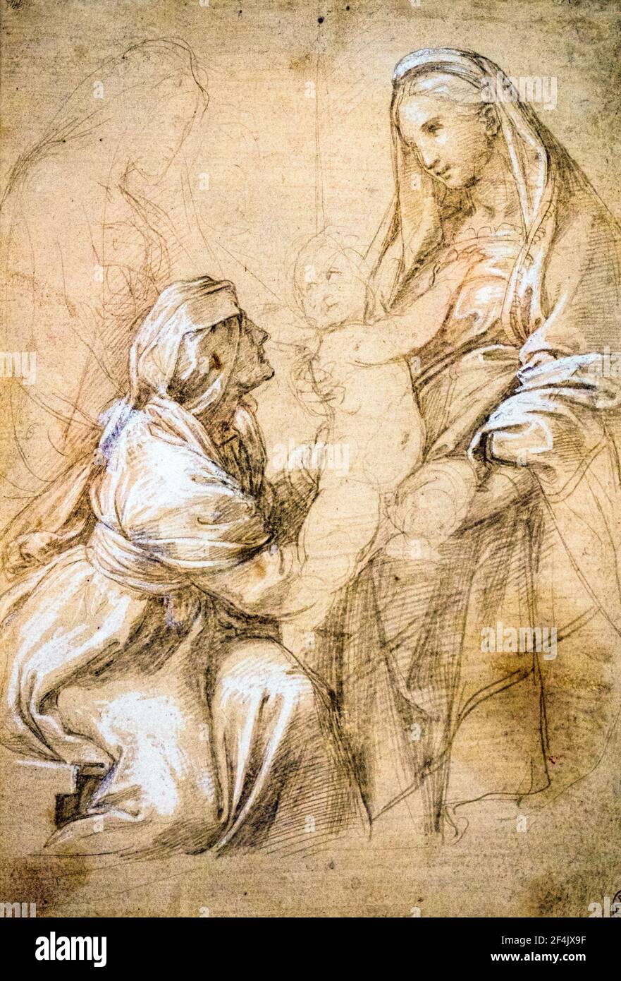 Madonna col Bambino, Santa Elisabetta e un'altra Santa (Studio per Madonna dell'Impannata) 1511 di Raffaello Sanzio conosciuto come Raffaello (1483-1520) Silverpoint, riflessi bianchi, carta bruno preparata Foto Stock