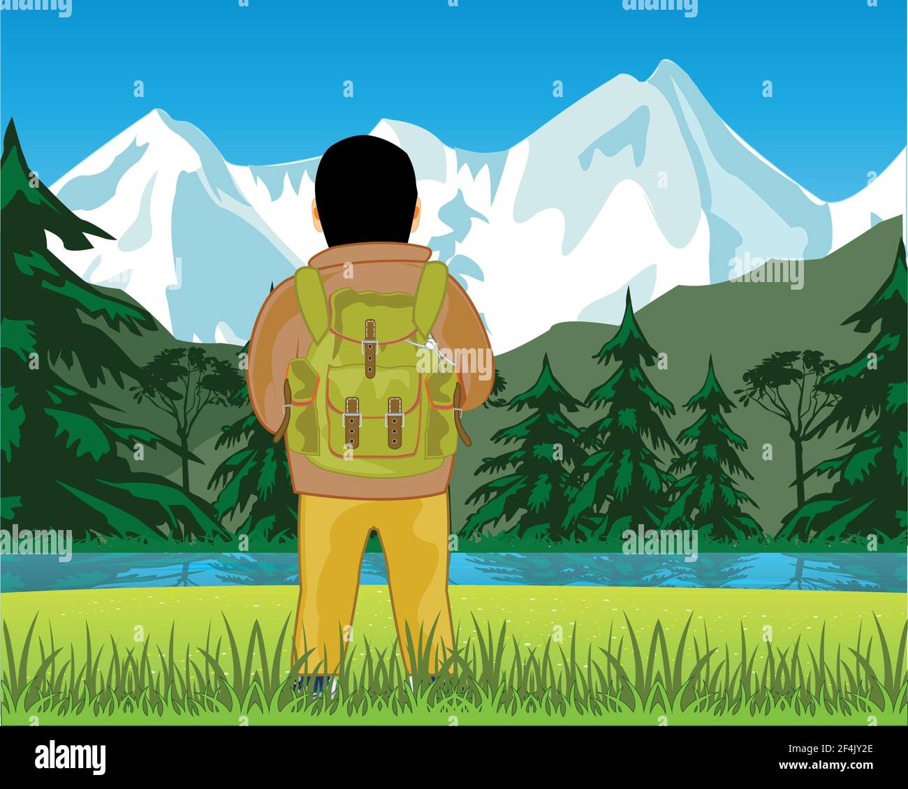 Bellissimo paesaggio con neve montagna e legno e persona con zaino Illustrazione Vettoriale