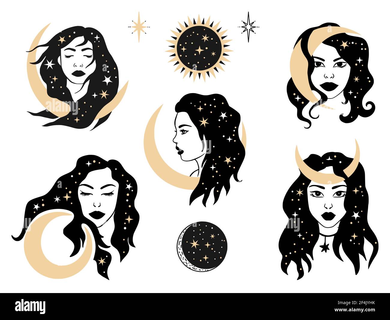 Donna celestiale magica astrologia esoterica illustrazione set. Star e luna spazio ragazza collezione d'arte. Vettore mistico spirituale femminile faccia nero tatuaggio alchimia. Illustrazione Vettoriale