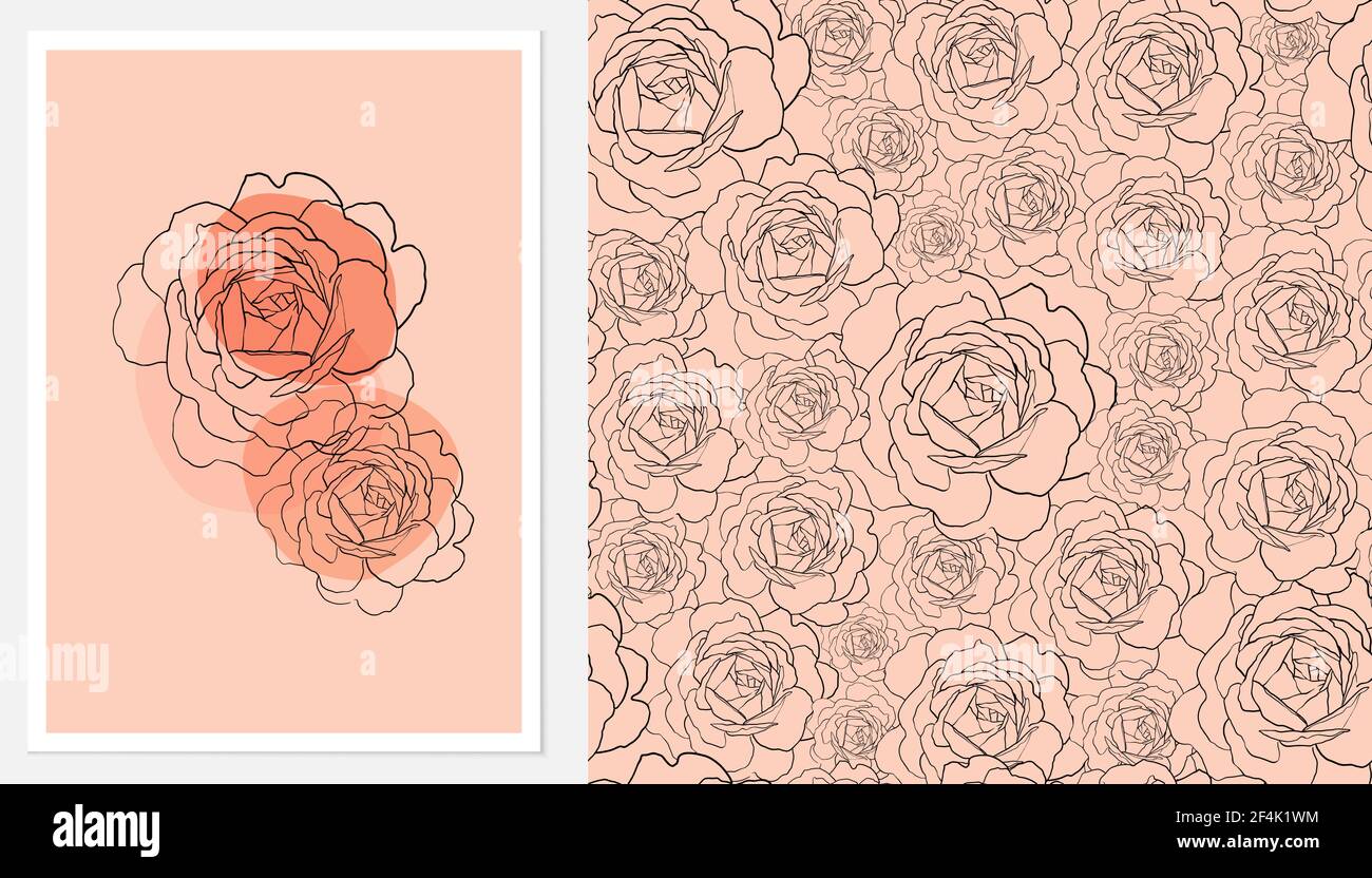 Set di disegni a mano con contorni rose pastello Biege forma semplice e senza cuciture rose modello per la decorazione di pareti, cartolina o copertina brochure Illustrazione Vettoriale