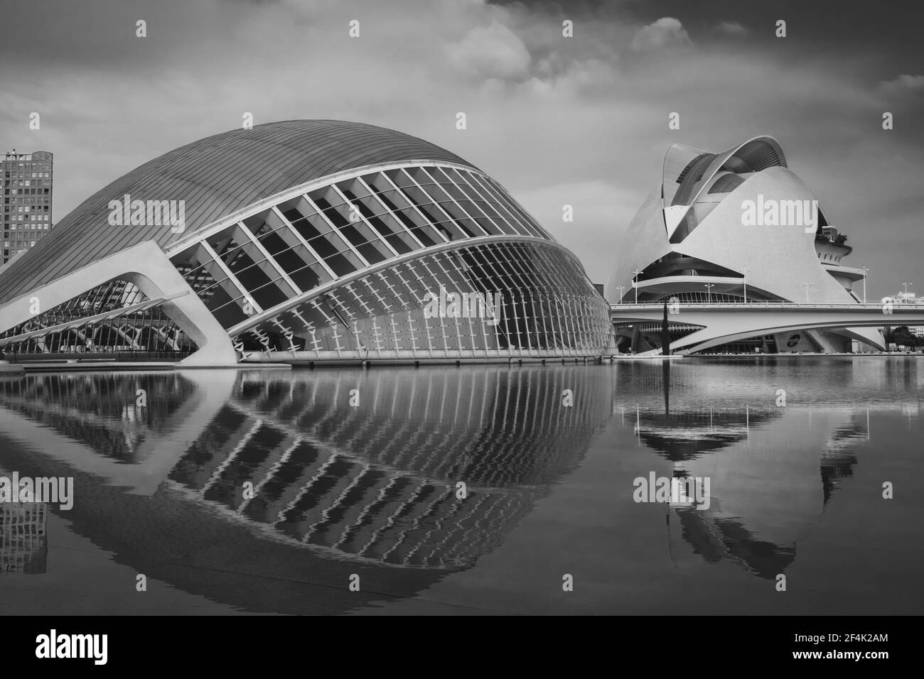 Vista della Città delle Arti e delle Scienze situata a Valencia, Spagna. Due dei suoi edifici futuristici: l'Hemisferic e Palau de les Arts (Teatro dell'Opera). Foto Stock