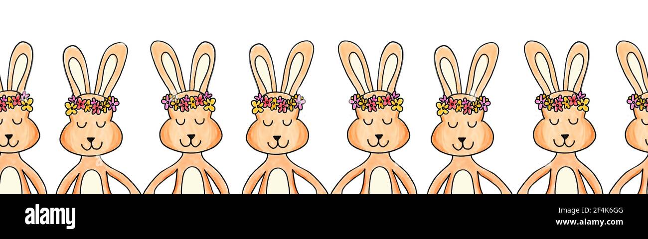 Bordo di coniglio senza cuciture verniciato. Ripetizione orizzontale con coniglietti che tengono le mani indossando corone di fiori. Carino bunny art per le carte di Pasqua, nastro Foto Stock