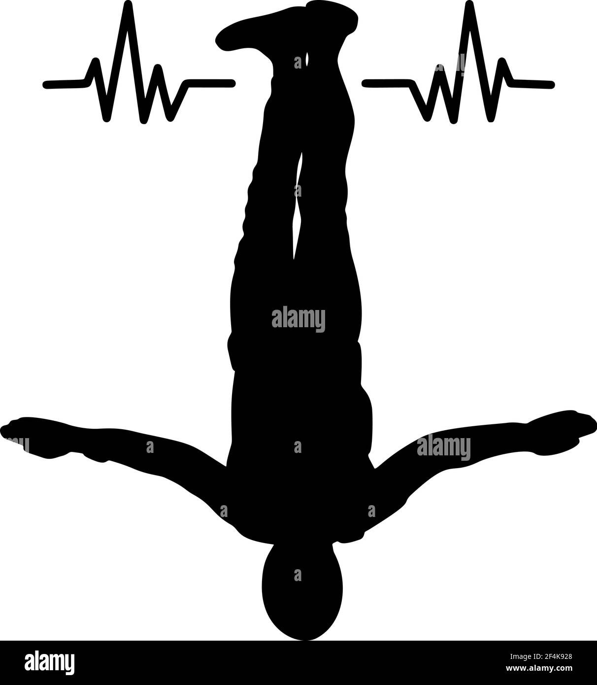 Silhouette skydiver con linea cardiaca. Cardiogramma vettoriale salute pulsazione heartbeat medico. Illustrazione Vettoriale