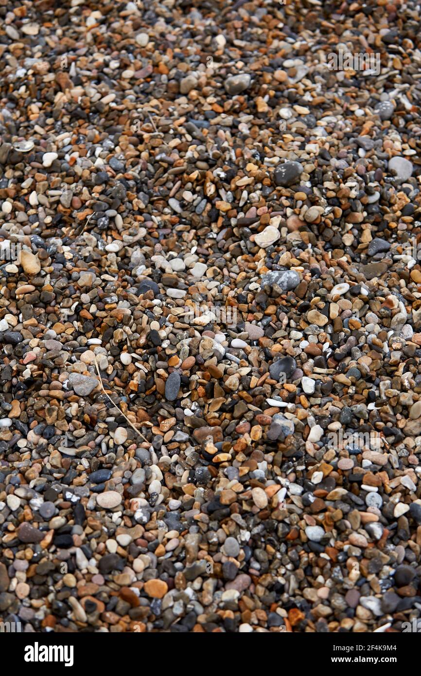 primo piano di piccole rocce grigie e marroni sul spiaggia Foto Stock