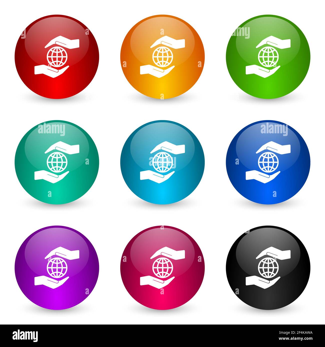 Set di icone per l'ambiente di cura delle mani, pulsanti colorati con rendering 3D lucido in 9 opzioni di colore per applicazioni di webdesign e mobili Foto Stock