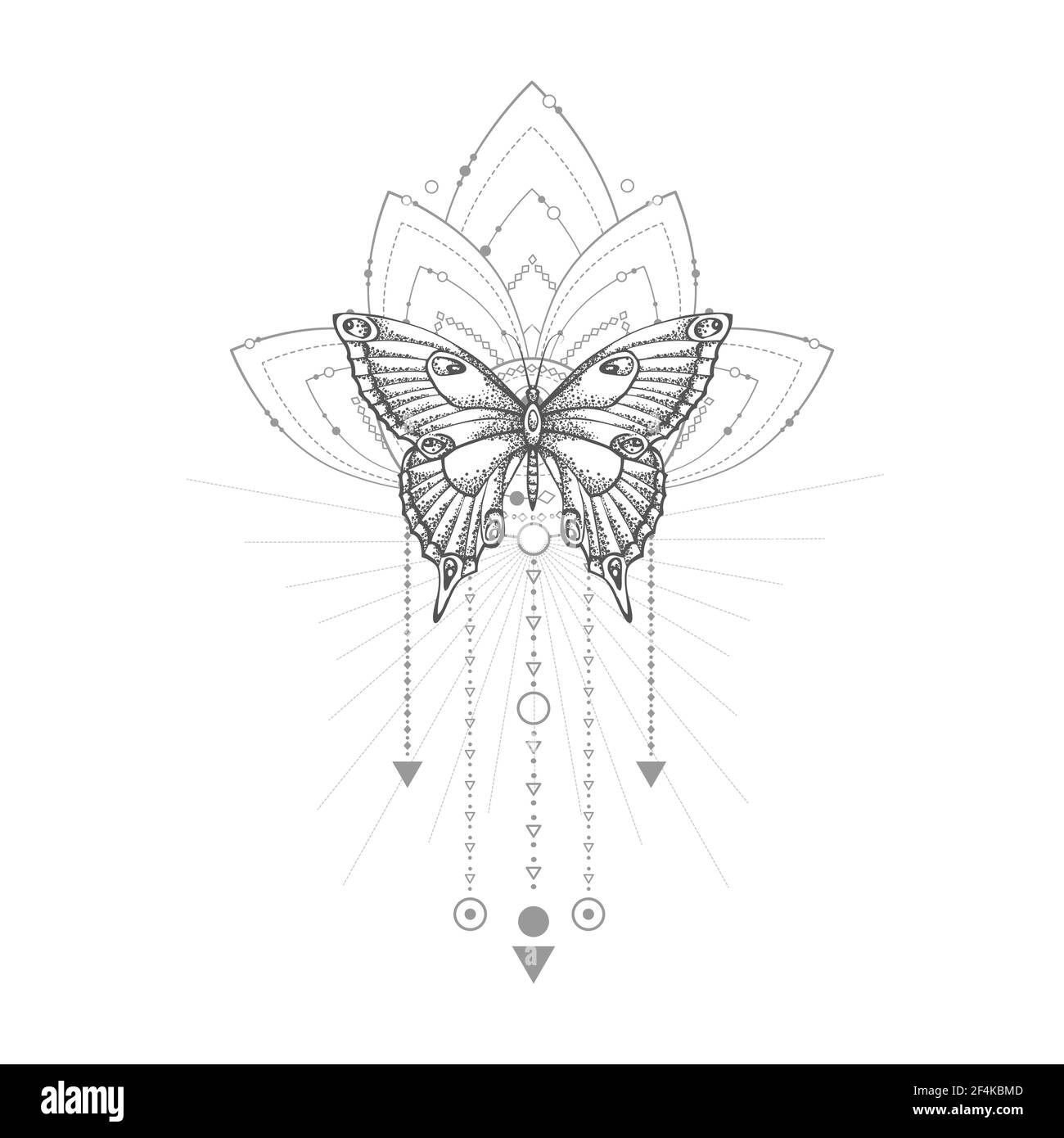 Illustrazione vettoriale con farfalla disegnata a mano e simbolo geometrico Sacro su sfondo bianco. Segno mistico astratto. Forma lineare nera. Per voi desig Illustrazione Vettoriale