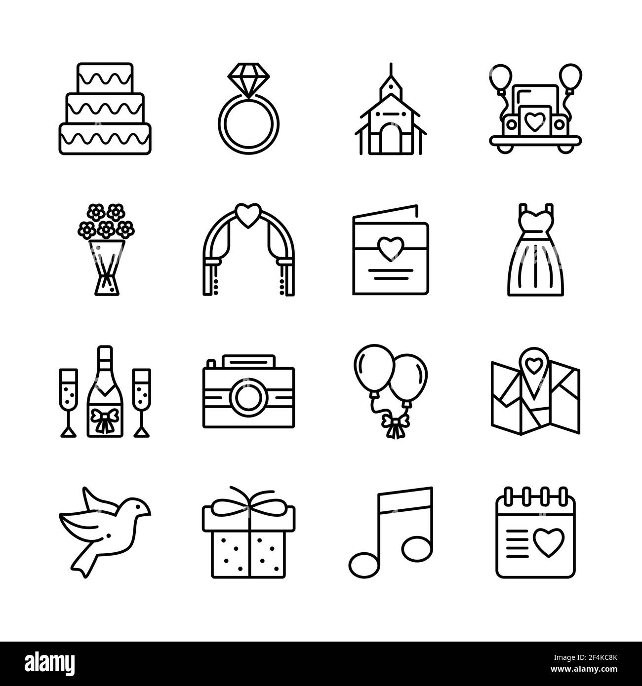 Set di icone per matrimoni, amore, romanticismo. Illustrazione vettoriale. Illustrazione Vettoriale