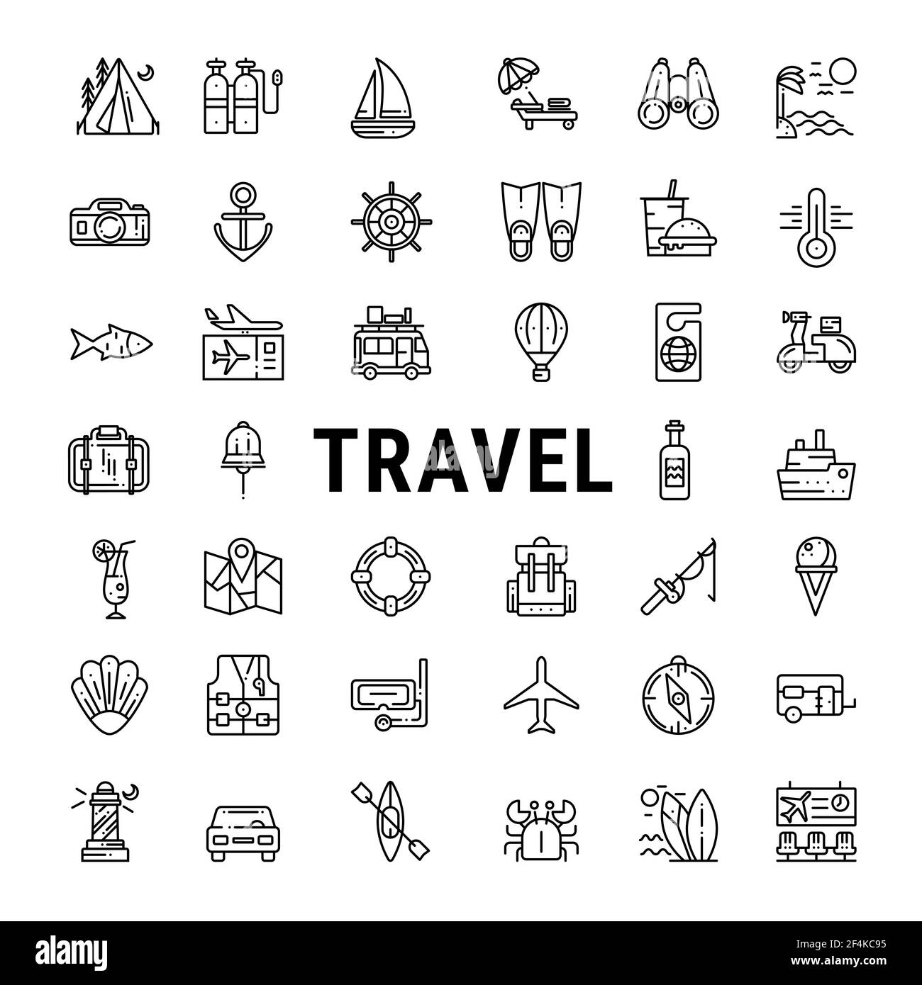 Icone vettoriali di spiaggia, campeggio, viaggio in montagna, vacanza, crociera e servizi alberghieri Illustrazione Vettoriale