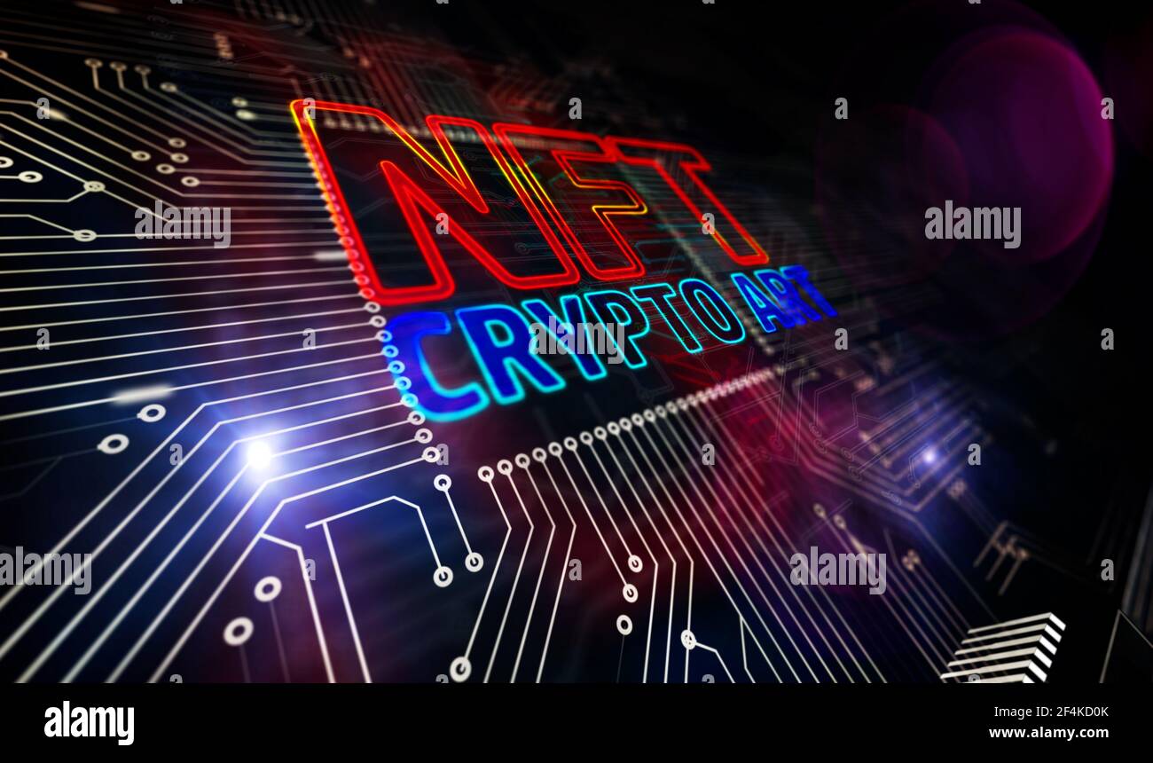 Simbolo NFT Crypto Art. Gettone non fungibile, vendita di oggetti digitali da collezione, transazione informatica e concetto unico di certificato. Illustrazione 3D della tecnologia. Foto Stock