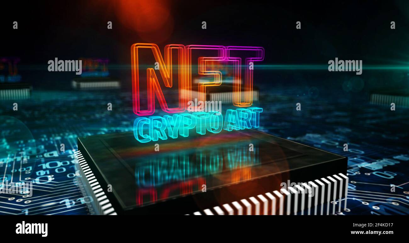 Simbolo NFT Crypto Art. Gettone non fungibile, vendita di oggetti digitali da collezione, transazione informatica e concetto unico di certificato. Illustrazione 3D della tecnologia. Foto Stock