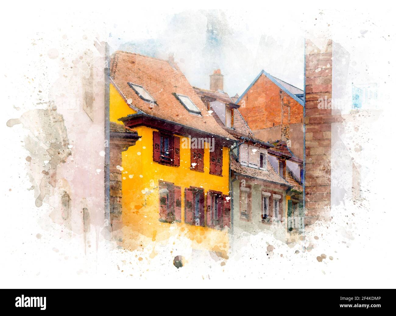 Vecchia strada medievale con case tradizionali francesi a Strasburgo, Francia. Illustrazione acquerello Foto Stock