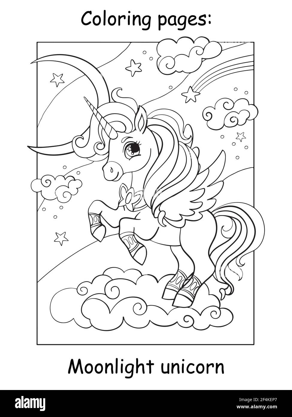 Carino unicorno con le ali su una nuvola. Pagina del libro da colorare per i bambini. Illustrazione vettoriale del cartone animato isolata su sfondo bianco. Per libro da colorare, EDUC Illustrazione Vettoriale