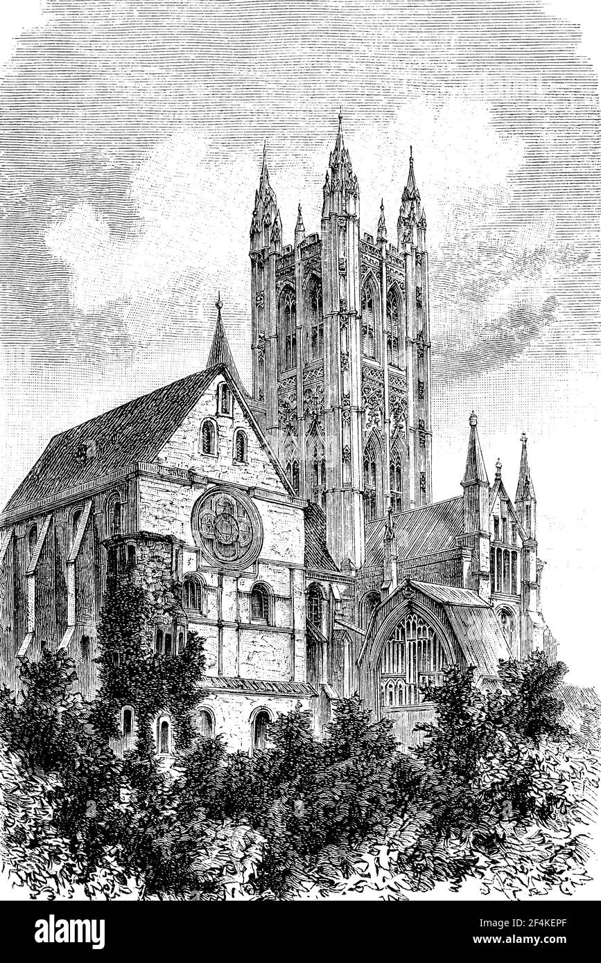 Canterbury Cathedral, Christ Church Cathedral, in Canterbury, Inghilterra, nel 1880 / Die Kathedrale von Canterbury, Christ Church Cathedral, in Canterbury, Inghilterra, im Jahre 1880, Historisch, storico, digitale riproduzione migliorata di un originale del 19 ° secolo / digitale Reproduktion einer Originalvollage aus dem 19. Jahrhundert Foto Stock