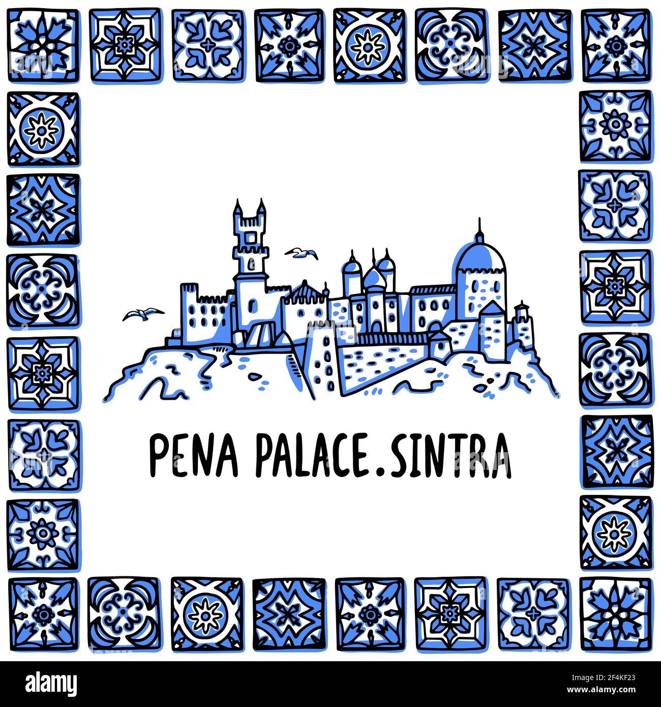 Portogallo luoghi di interesse set. Palazzo pena, Palacio Nacional da pena in una cornice di piastrelle portoghesi. Illustrazione vettoriale dello stile di schizzo disegnato a mano. Illustrazione Vettoriale