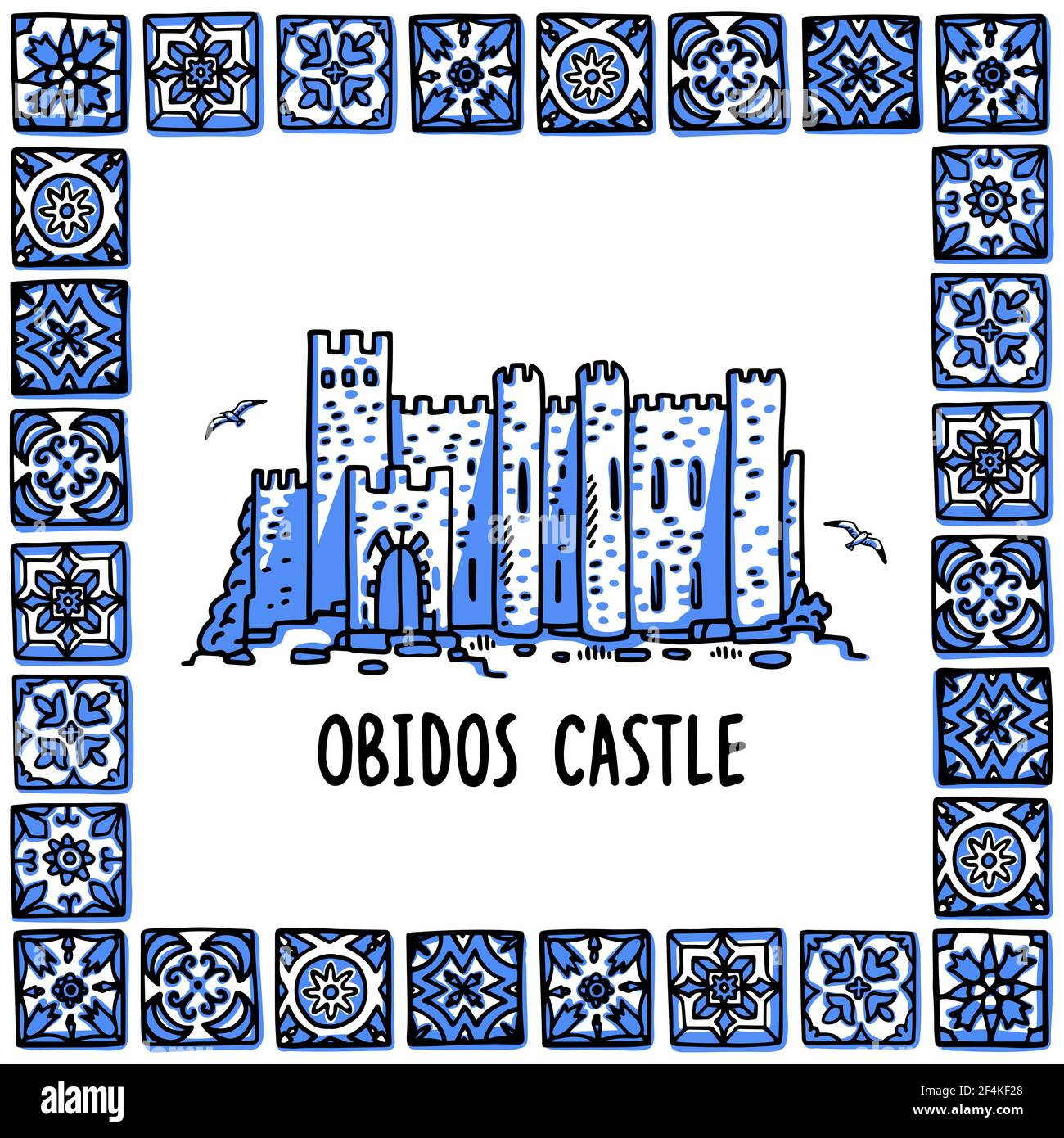 Portogallo luoghi di interesse set. Castello di Obidos. Il paesaggio del vecchio castello nella cornice di piastrelle portoghesi, azulejo. Illustrazione vettoriale dello stile di schizzo disegnato a mano Illustrazione Vettoriale