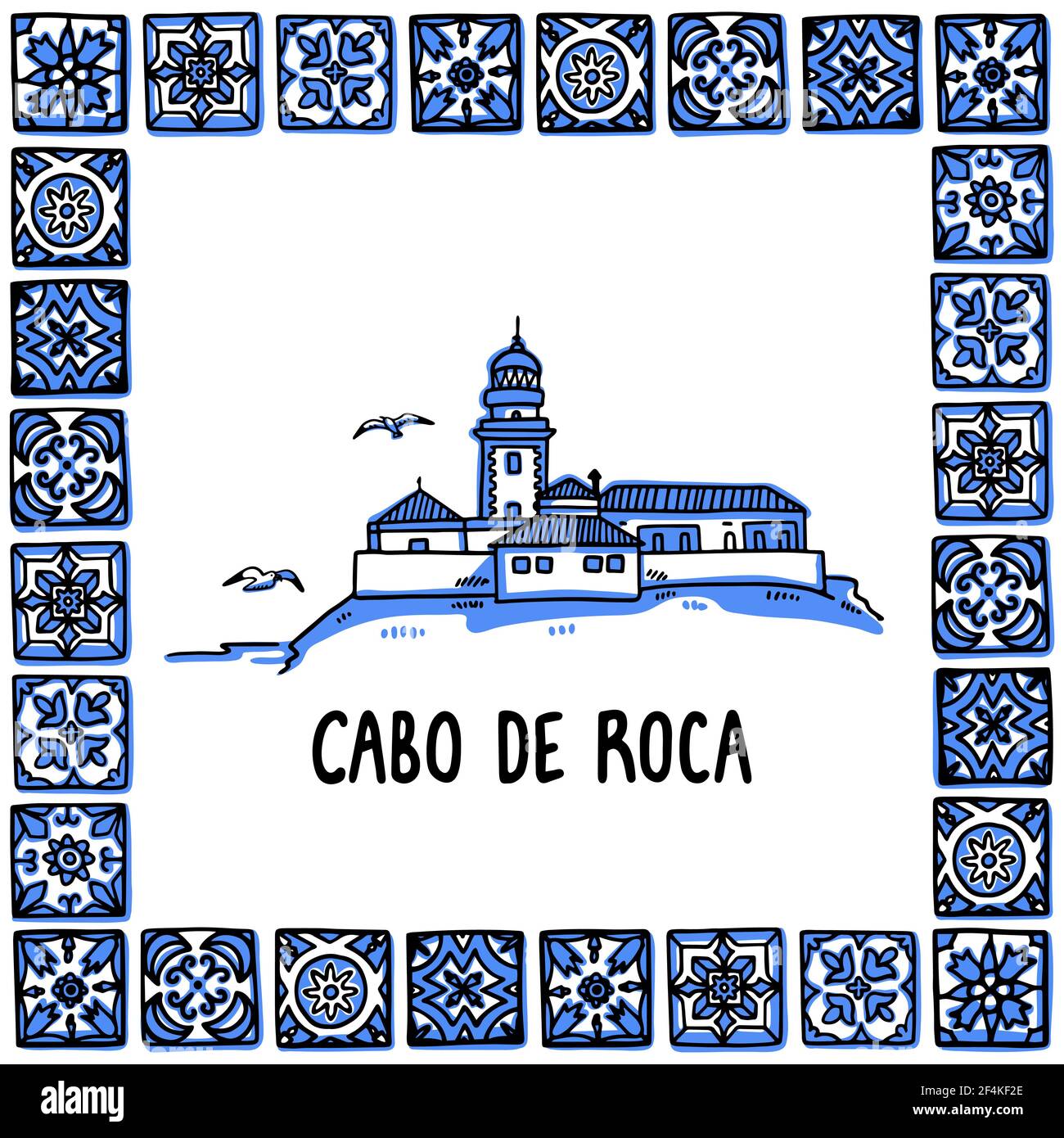 Portogallo luoghi di interesse set. Cabo de Roca, bordo d'Europa. Faro nella cornice di piastrelle portoghesi, azulejo. Illustrazione vettoriale dello stile di schizzo disegnato a mano. Illustrazione Vettoriale
