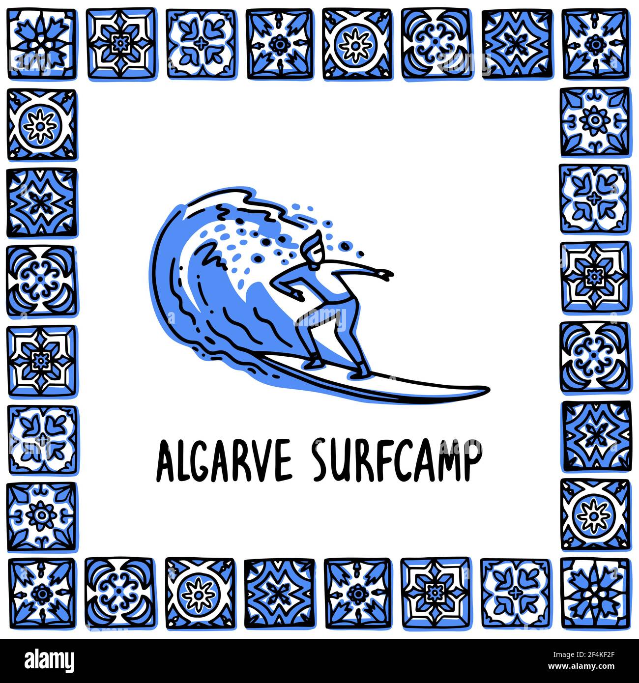 Portogallo luoghi di interesse set. Campo da surf Algarve. Un surfista corre su un'onda nella cornice di piastrelle portoghesi, azulejo. Illustrazione vettoriale dello stile di schizzo disegnato a mano. Illustrazione Vettoriale