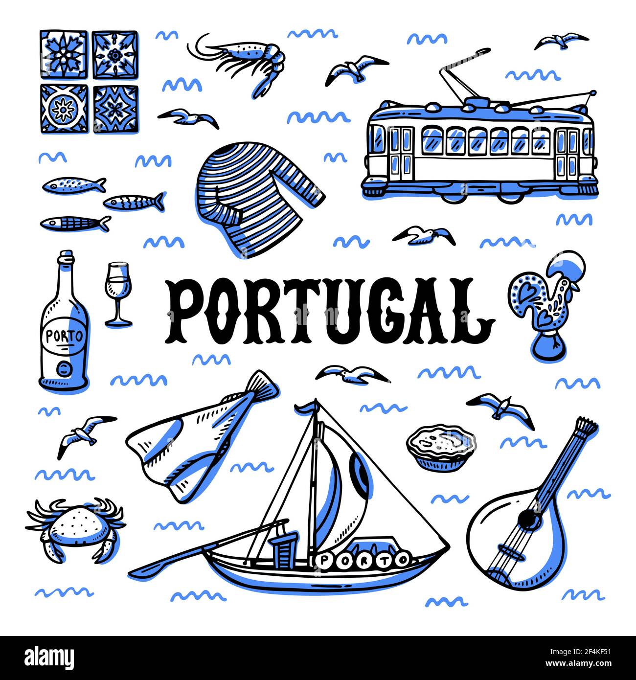 Portogallo luoghi di interesse set. Illustrazione vettoriale dello stile di schizzo disegnato a mano. Illustrazione Vettoriale