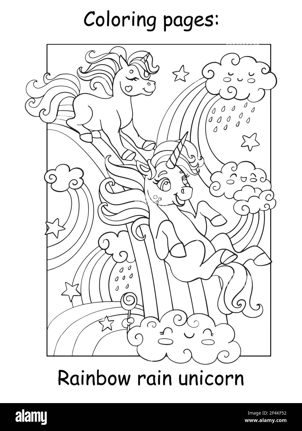 Simpatici unicorni cavalcano l'arcobaleno. Pagina del libro da colorare per i bambini. Illustrazione vettoriale del cartone animato isolata su sfondo bianco. Per colorare boo Illustrazione Vettoriale