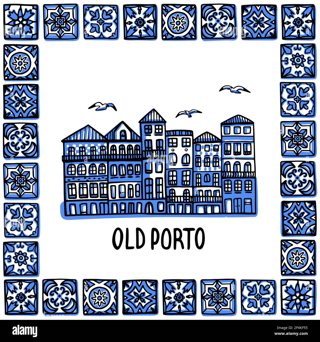 Portogallo luoghi di interesse set. Porto vecchio. Il paesaggio della città vecchia nella cornice di piastrelle portoghesi, azulejo. Illustrazione vettoriale dello stile di schizzo disegnato a mano. Illustrazione Vettoriale