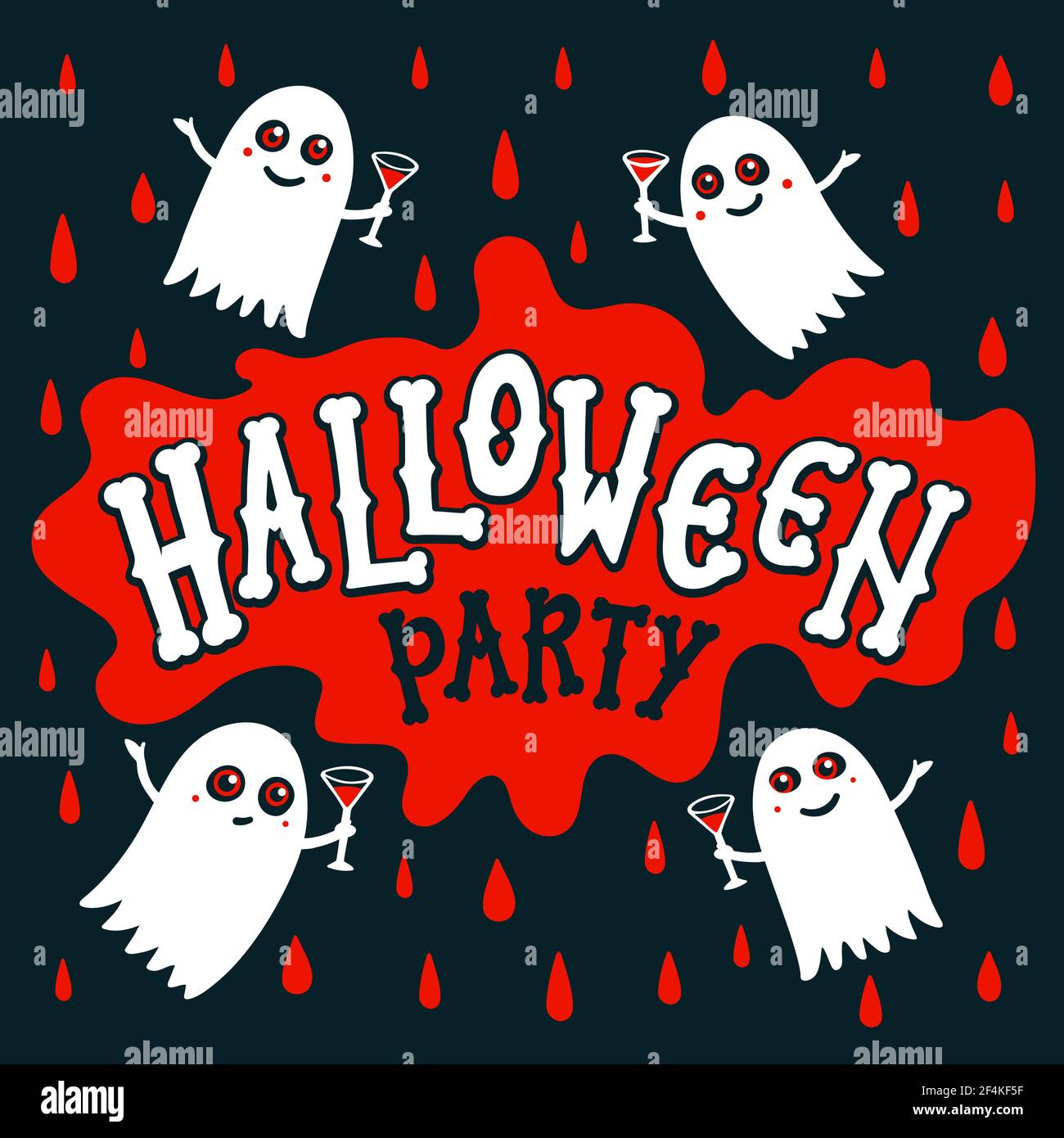 Banner di testo di Halloween party. Lettere manoscritte di ossa su bloodstain. Iscrizione Happy Halloween su sfondo scuro con gocce di sangue rosso e fantasma Illustrazione Vettoriale