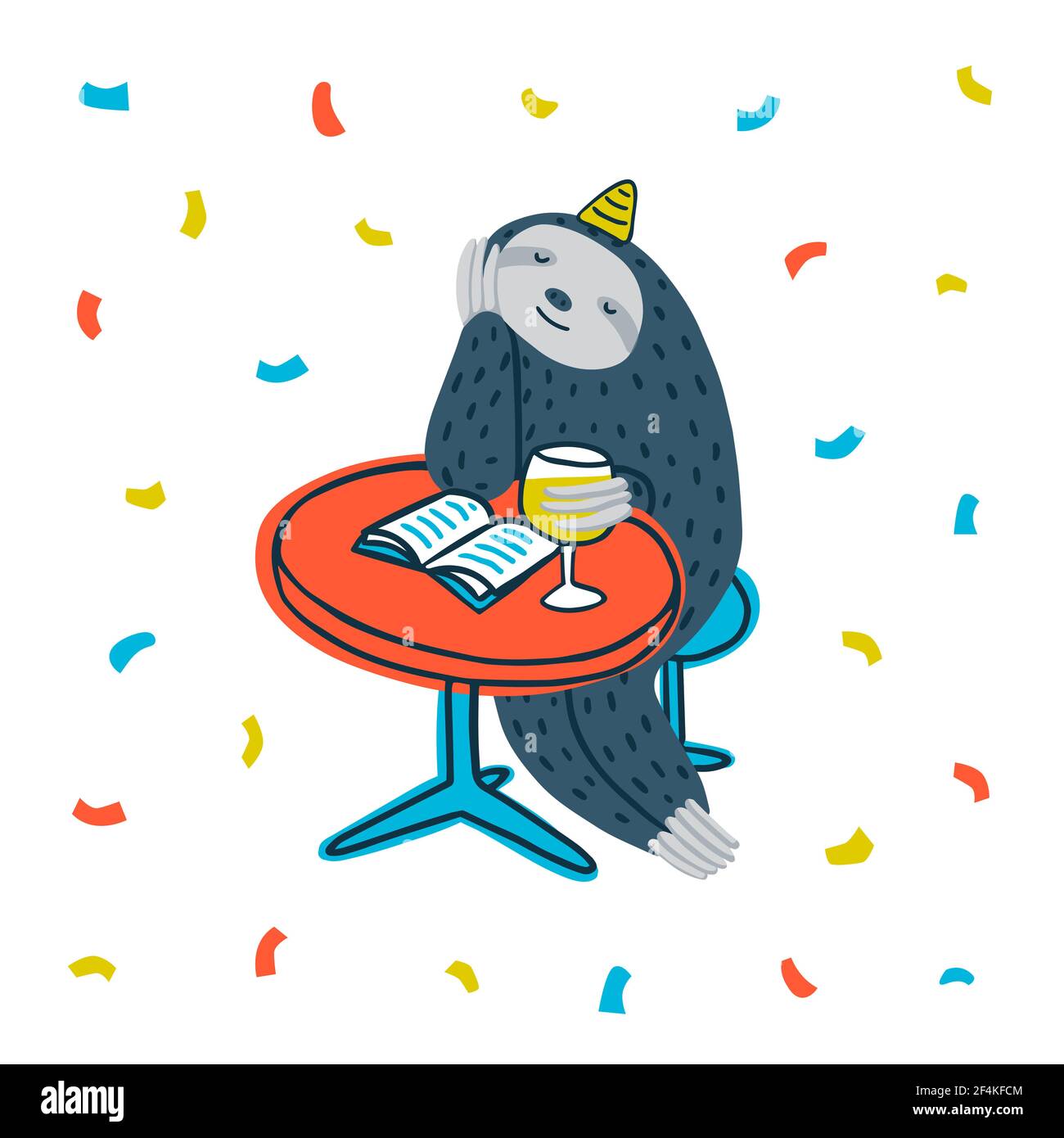 Festa animale. Festa pigra. Cute sloth seduto ad un tavolo con libro e vino. Illustrazione vettoriale Illustrazione Vettoriale