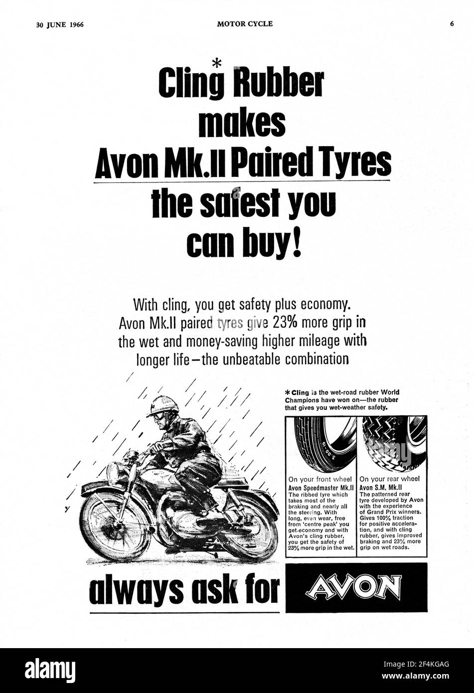Un'inserzione di pneumatici vintage Avon della rivista Motor Cycle, giugno 1966 Foto Stock
