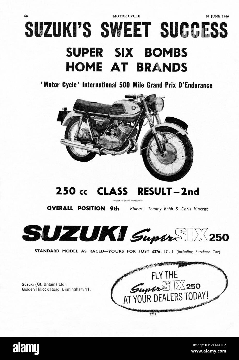 Un annuncio Suzuki vintage della rivista Motor Cycle, giugno 1966, per la Suzuki SuperSix 250 Foto Stock