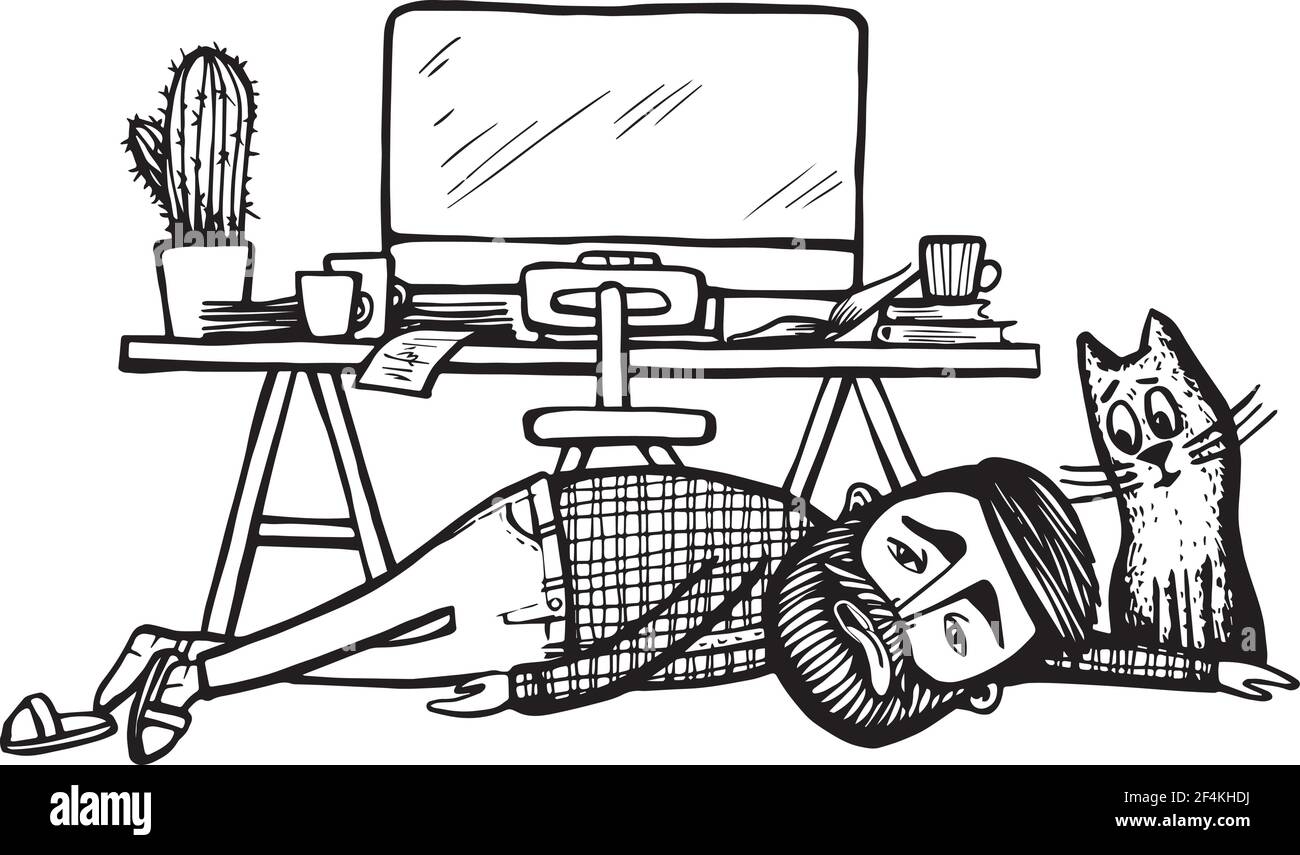 Uomo stanco che si trova sul pavimento vicino alla scrivania con schermo del computer, gatto sedersi vicino e guardare. Illustrazione disegnata a mano di hipster stanco Illustrazione Vettoriale