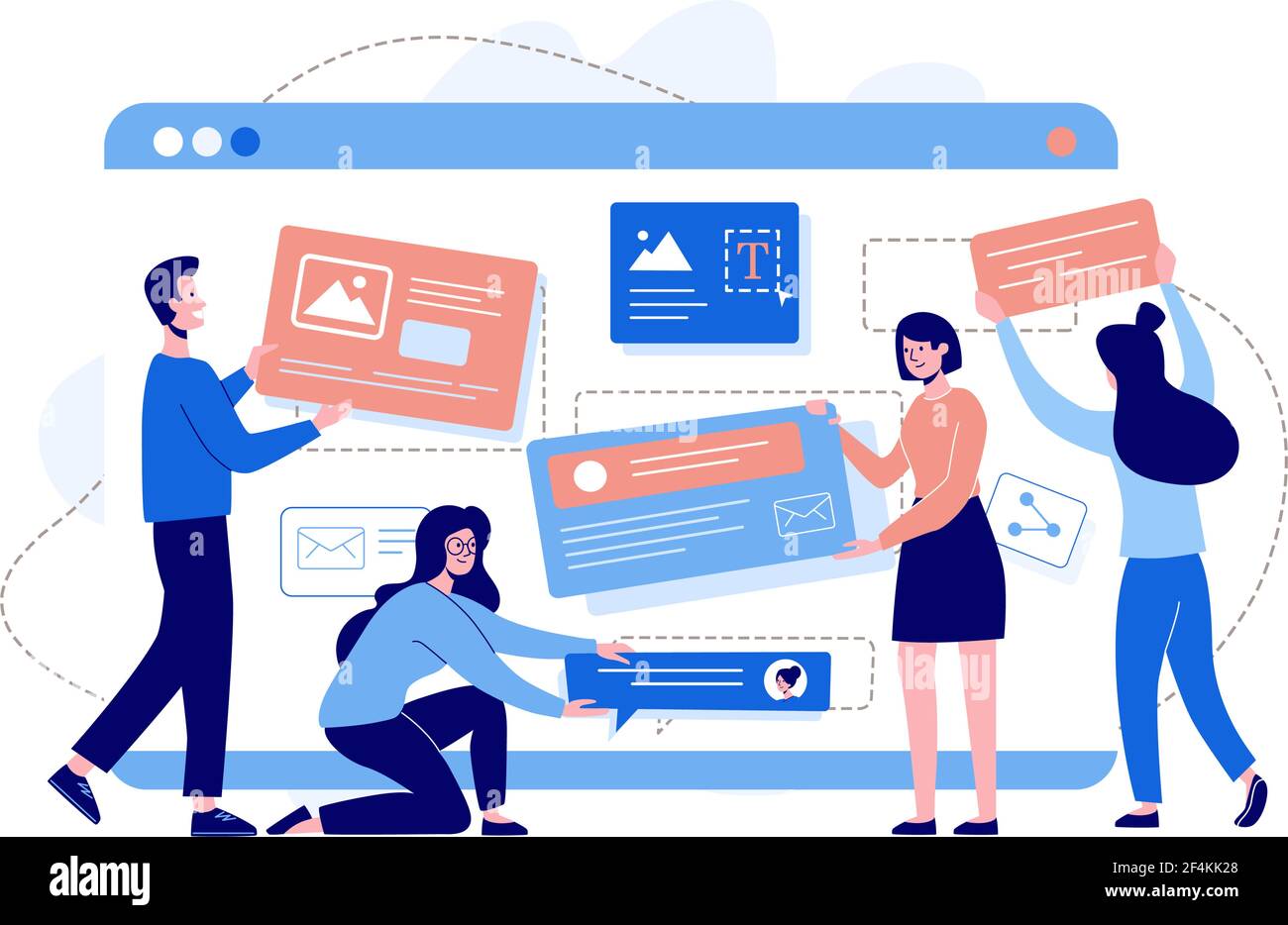 Concetto di sviluppo di disegno di Web site. Modello di landing page progettato da uomini e donne. Stile piatto, illustrazione vettoriale su sfondo bianco. Illustrazione Vettoriale