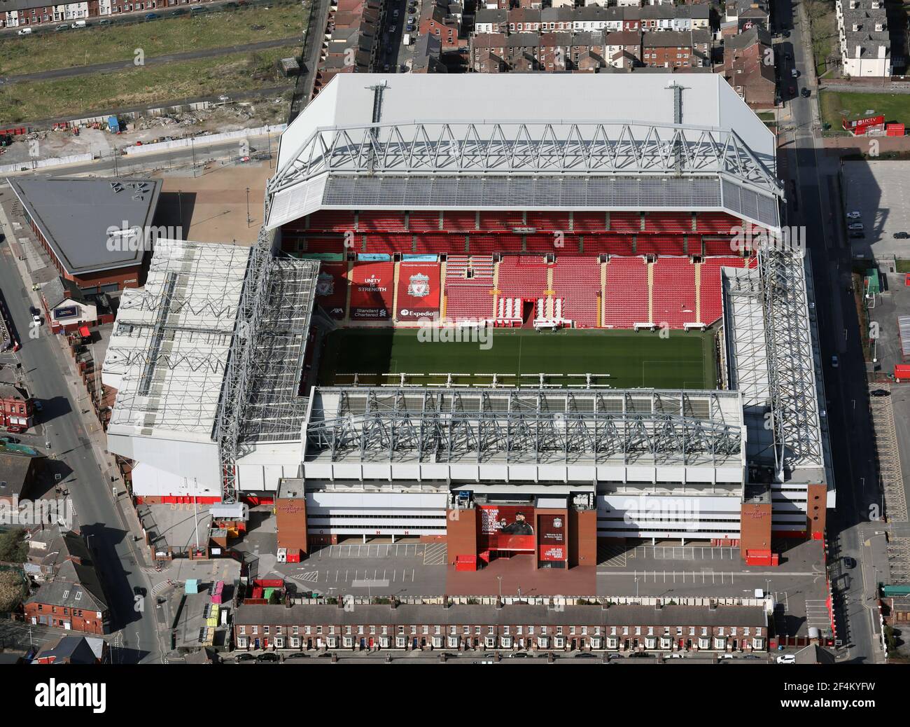 Vista aerea dell'Anfield Stadium di Liverpool FC, Liverpool Foto Stock