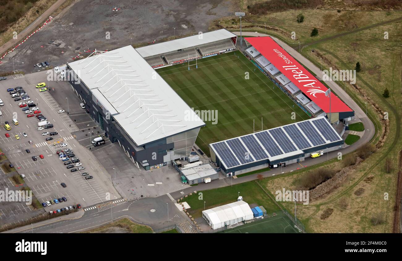 Veduta aerea dello Stadio AJ Bell (campo di rugby) a Barton, Eccles, Manchester Foto Stock