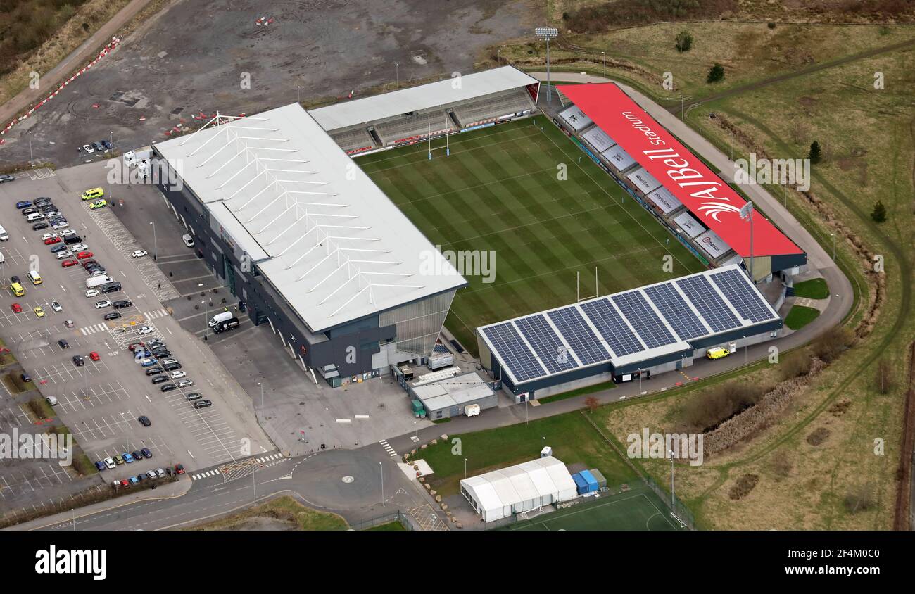 Vista aerea del CorpAcq Stadium (ex AJ Bell Stadium), sede delle squadre di rugby a 13 dei Salford Red Devils e della squadra di rugby dei sale Sharks Foto Stock