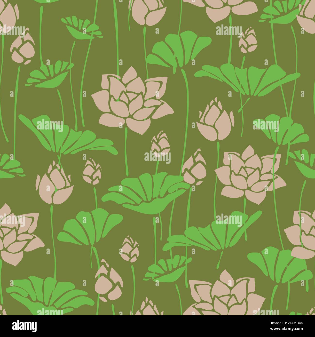 Motivo vettoriale senza cuciture con fiore di loto su sfondo verde. Romantico disegno floreale della carta da parati con giglio d'acqua. Dolce natura moda tessile. Illustrazione Vettoriale