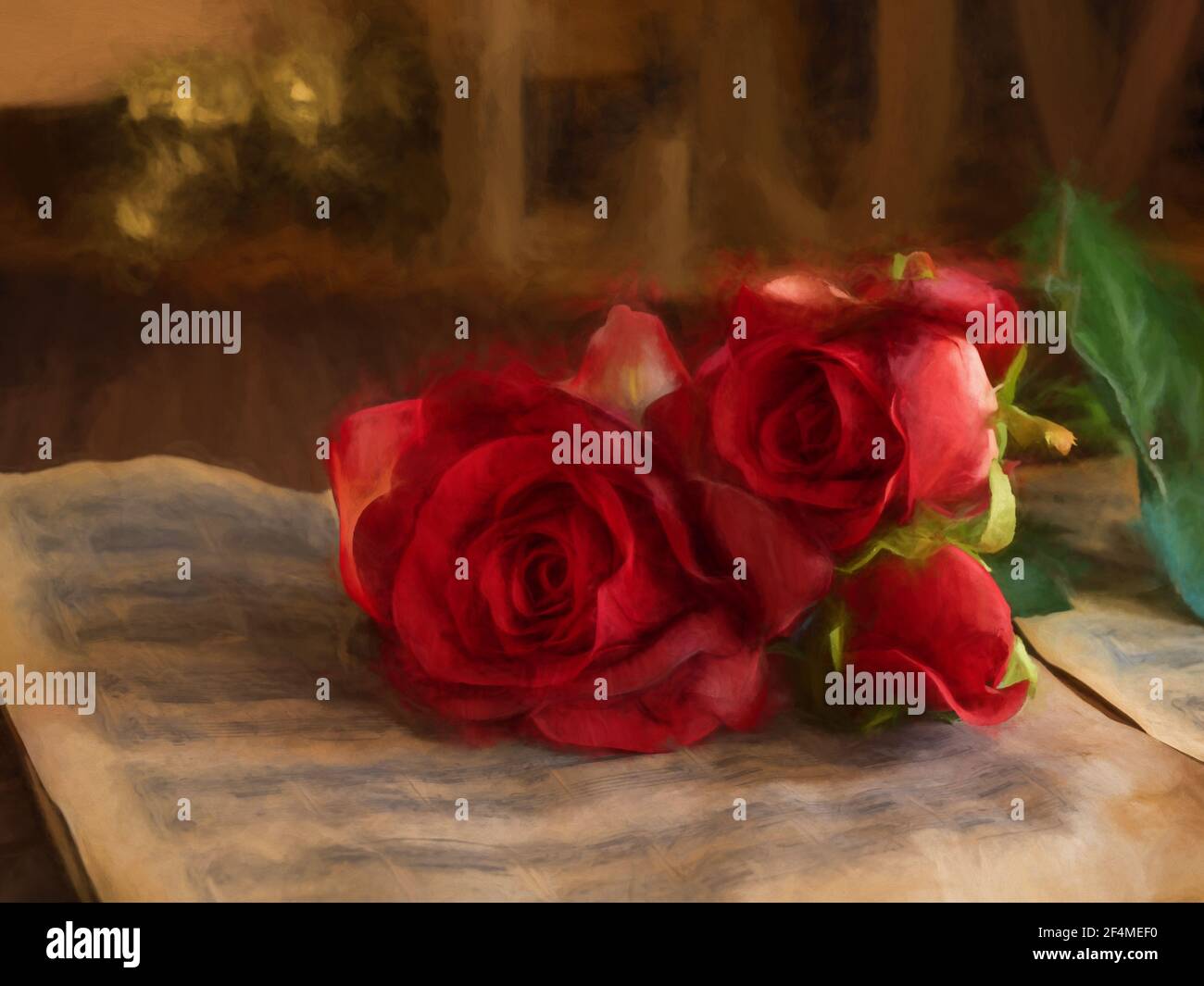 Pittura digitale di una rosa rossa di San Valentino sdraiata su spartiti vintage con la parola amore. Foto Stock