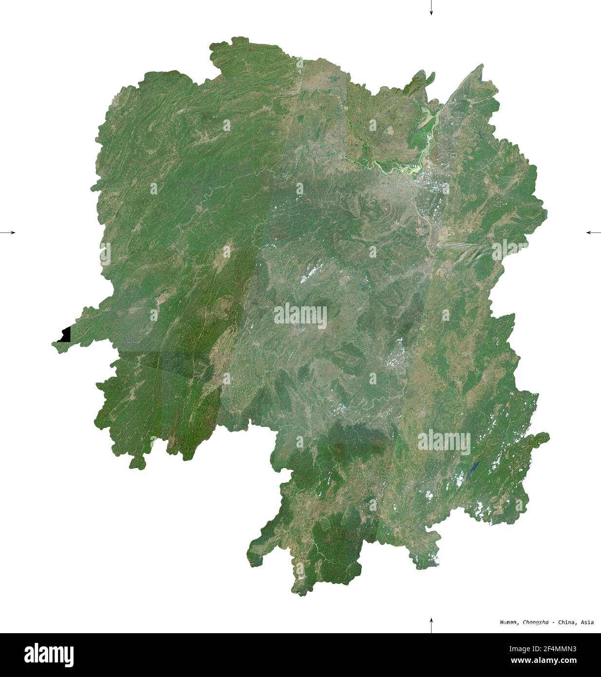 Hunan, provincia della Cina. Immagini satellitari Sentinel-2. Forma isolata su solido bianco. Descrizione, ubicazione della capitale. Contiene Coperni modificati Foto Stock