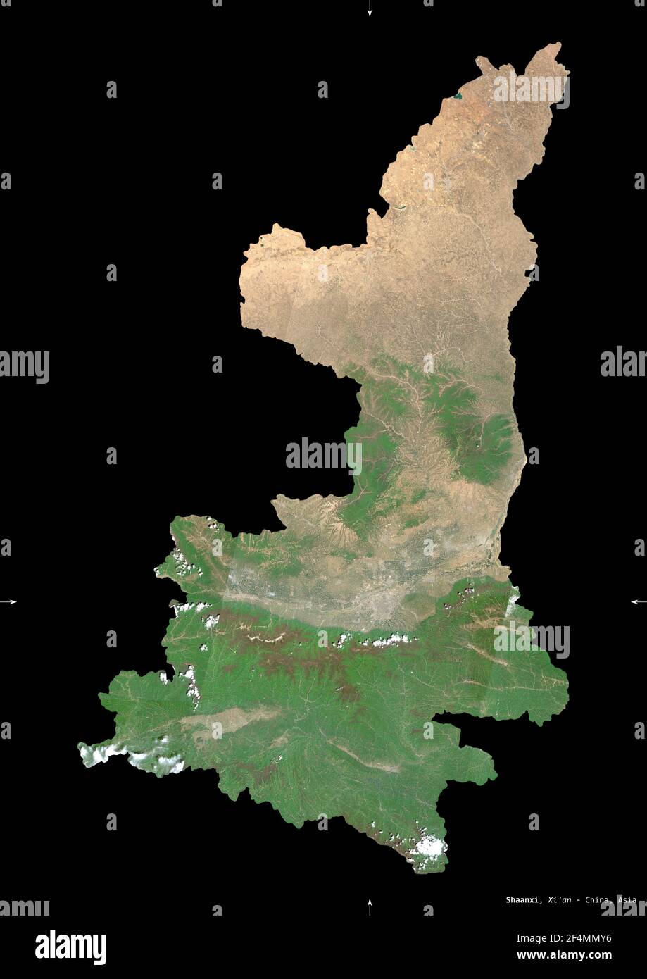 Shaanxi, provincia della Cina. Immagini satellitari Sentinel-2. Forma isolata su nero. Descrizione, ubicazione della capitale. Contiene Copernicus modificato Foto Stock