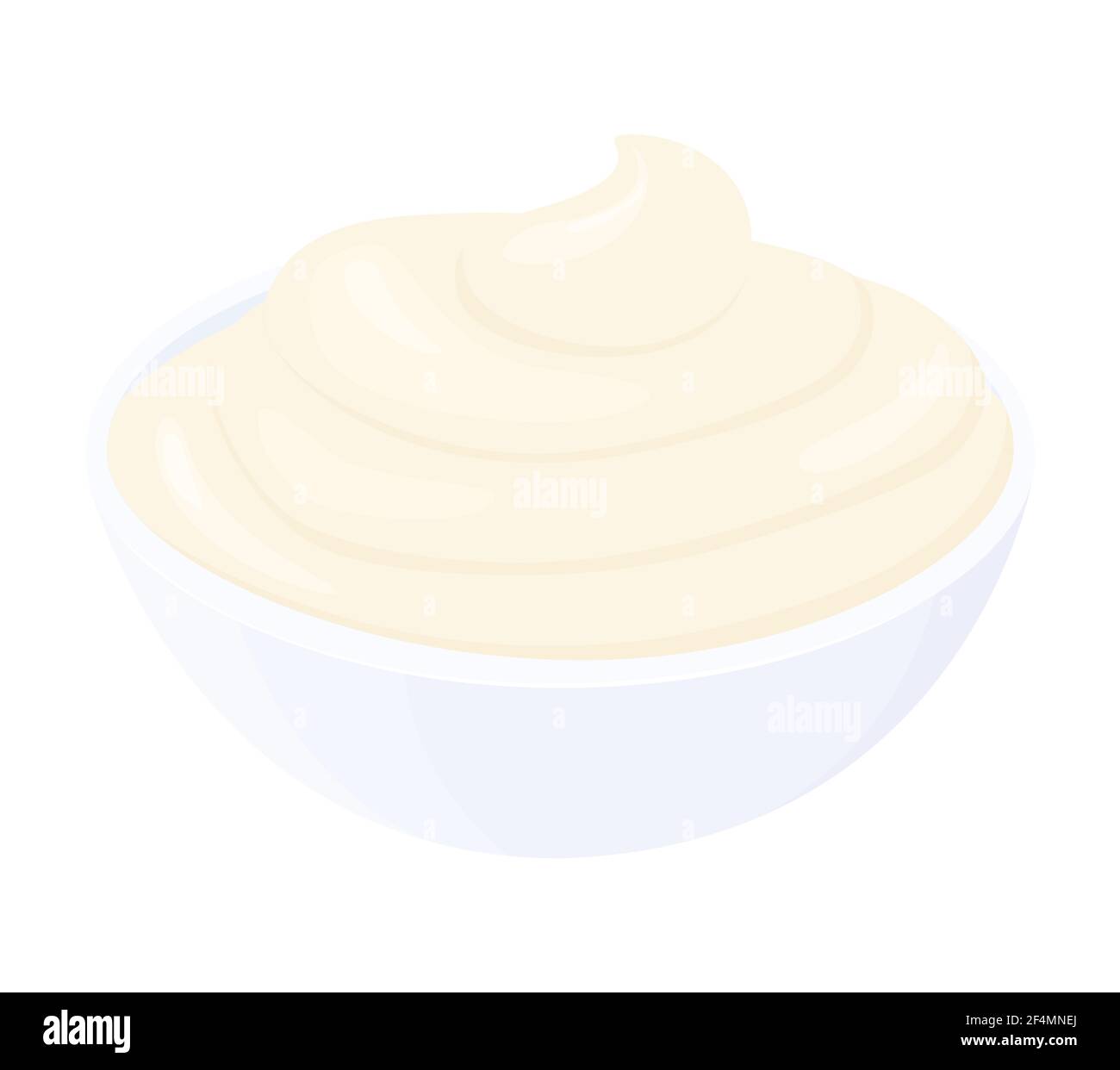 Maionese cartoon in ciotola rotonda piccola. Salsa cremosa isolata su sfondo bianco, vista laterale.Concondimento in illustrazione vettoriale di ramekin. Illustrazione Vettoriale