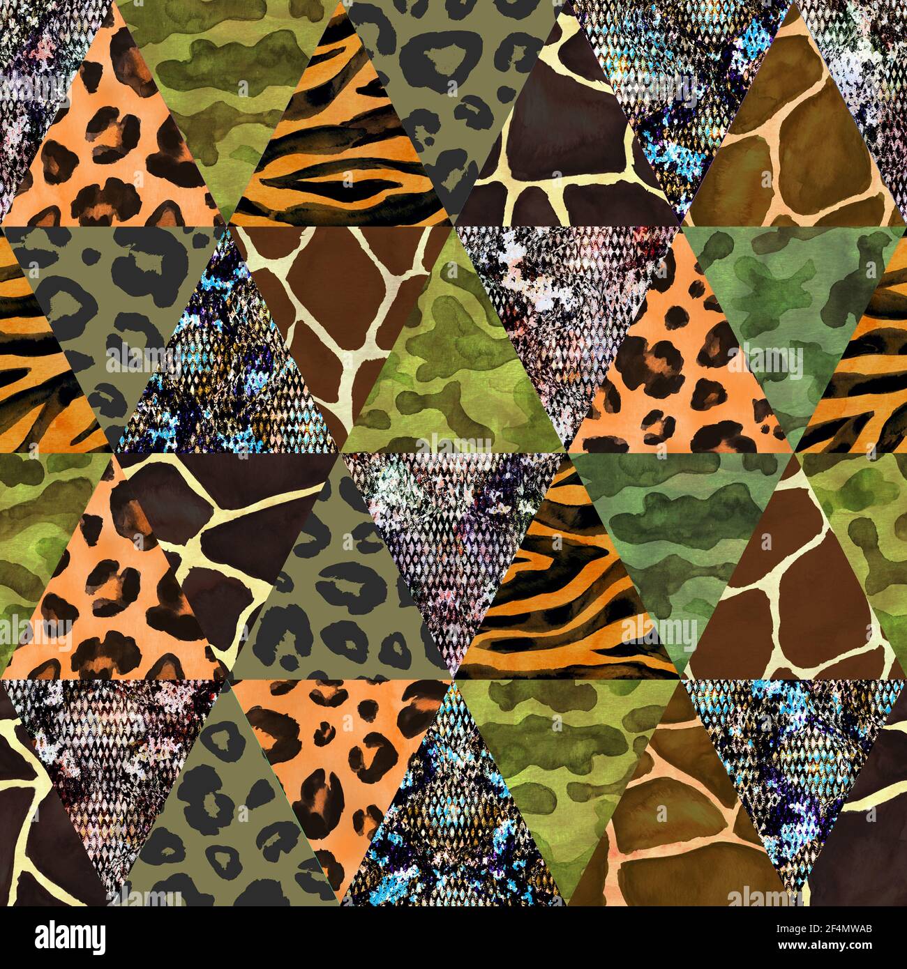 Imitazione trendy cucito pezzi triangolari di tessuto in stile patchwork. Collage disegnato a mano con motivo senza cuciture. Tessuto di sicurezza con animali pri Foto Stock
