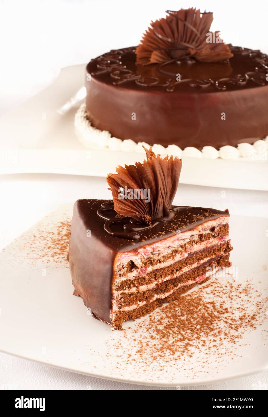 Una torta al cioccolato in stile e un pezzo di torta davanti ad essa. Foto Stock
