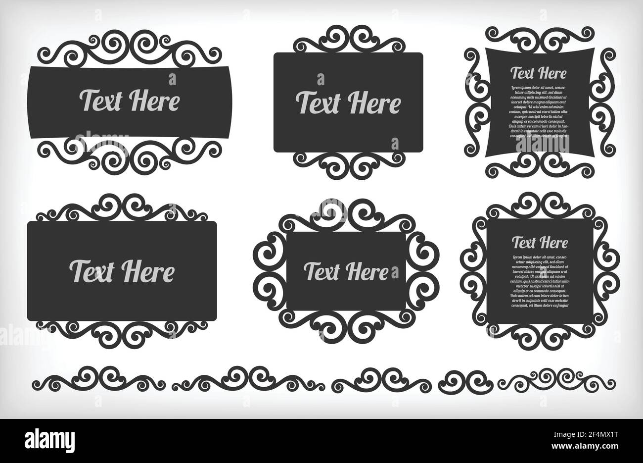 Set di cornici ornamentali con rotazioni su sfondo bianco. Cornice fiorente  in nero. Cornice decorativa. Illustrazione vettoriale Immagine e Vettoriale  - Alamy