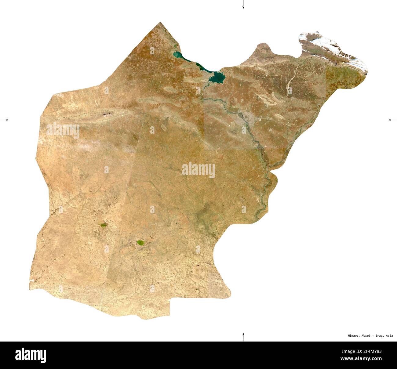 Ninawa, provincia dell'Iraq. Immagini satellitari Sentinel-2. Forma isolata su solido bianco. Descrizione, ubicazione della capitale. Contiene Coperni modificati Foto Stock
