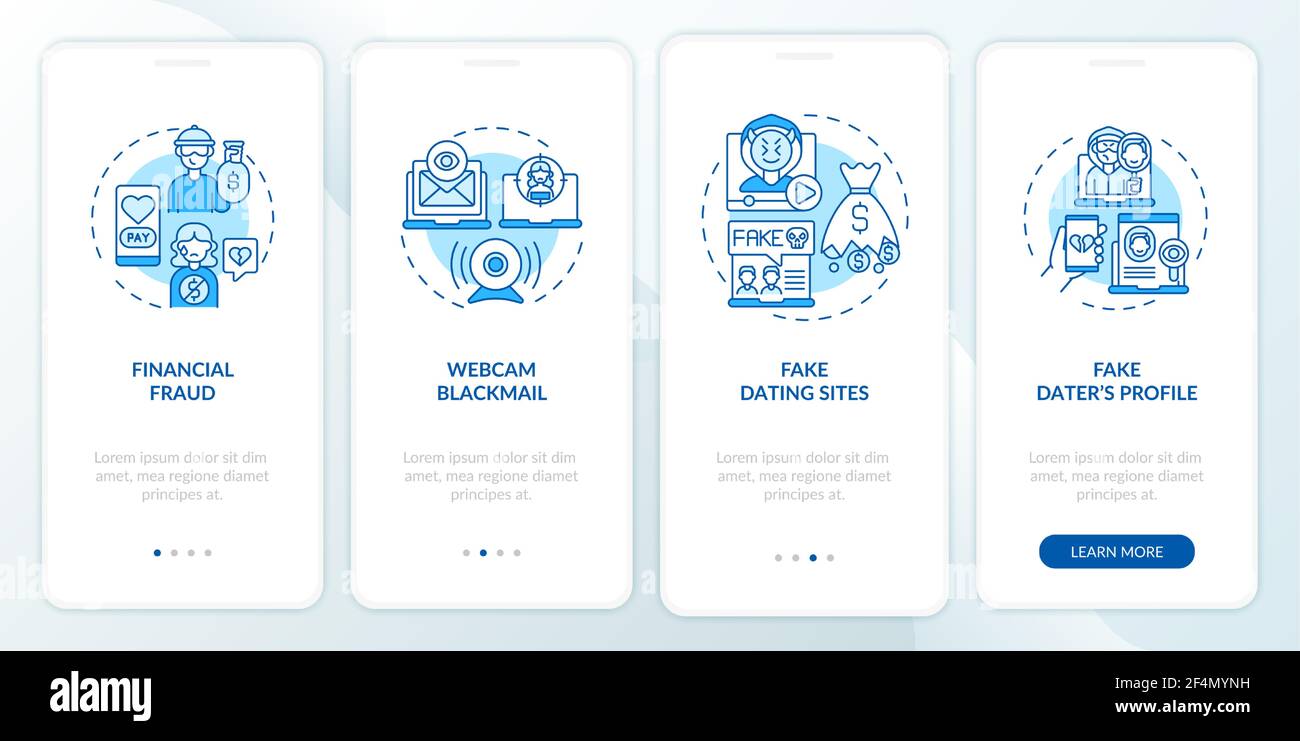 Online dating rischi sito web onboarding pagina app mobile schermo con concetti. Illustrazione Vettoriale