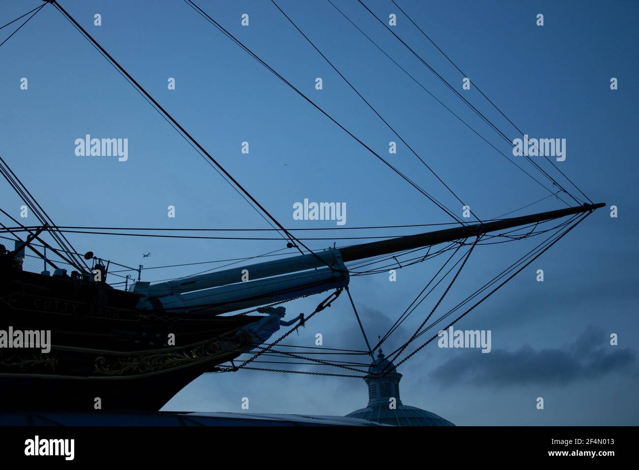 Dettagli della nave Cutty Sark alla luce del tramonto invernale. Foto Stock