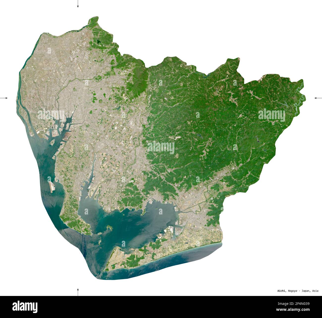 Aichi, prefettura del Giappone. Immagini satellitari Sentinel-2. Forma isolata su bianco. Descrizione, ubicazione della capitale. Contiene Copernicus modificato Foto Stock
