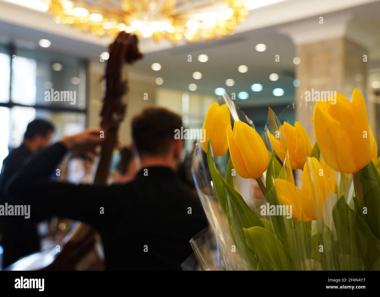 Fuoco selettivo di un bouquet giallo in una stanza durante un concerto classico Foto Stock